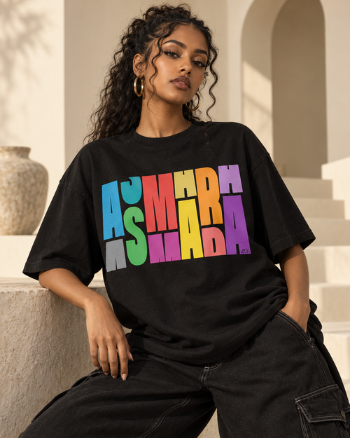 Model wearing Afdege Gezana Asmara Color heavyweight T-shirt