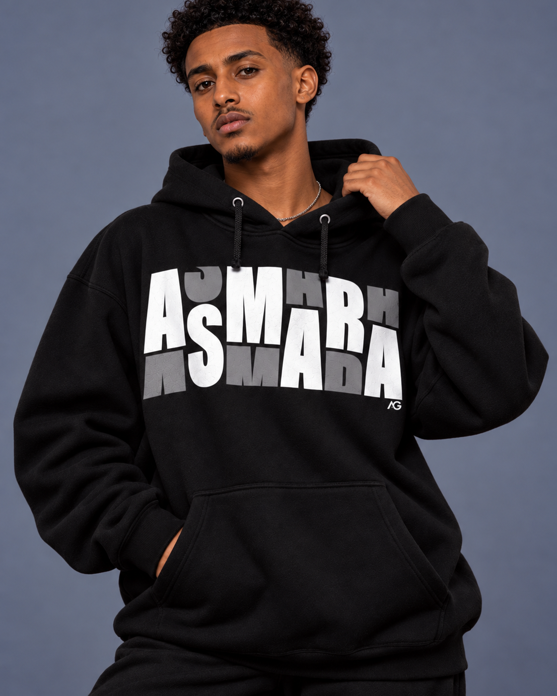 Model wearing Afdege Gezana Asmara black heavyweight hoodie