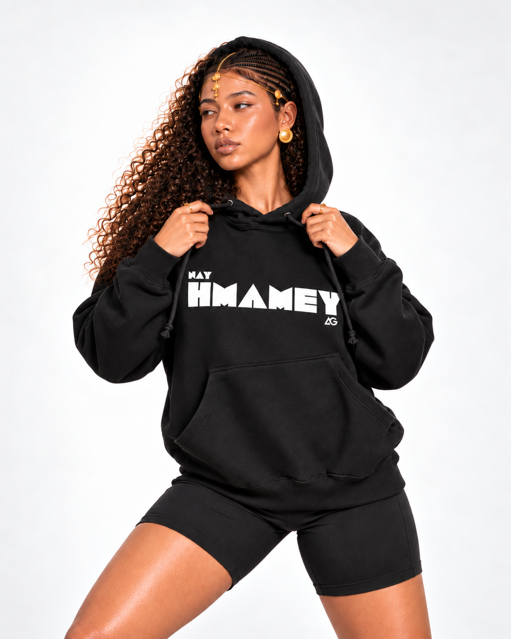 Model wearing Afdege Gezana Nay Hmamey black heavyweight hoodie