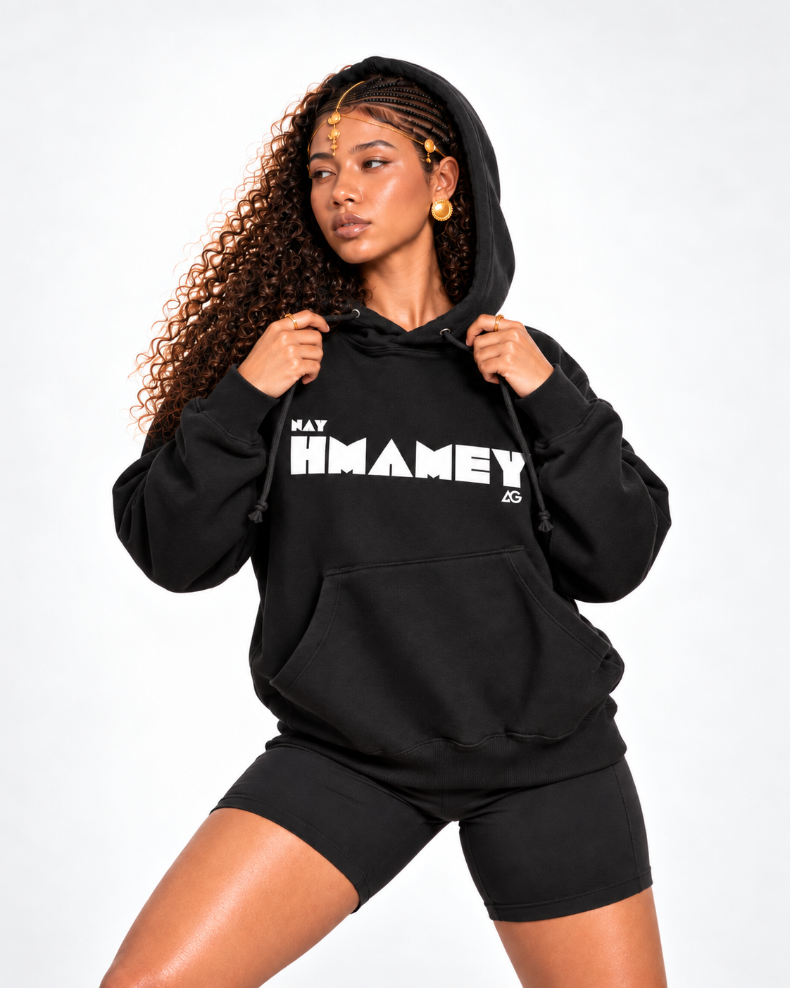 Model wearing Afdege Gezana Nay Hmamey black heavyweight hoodie