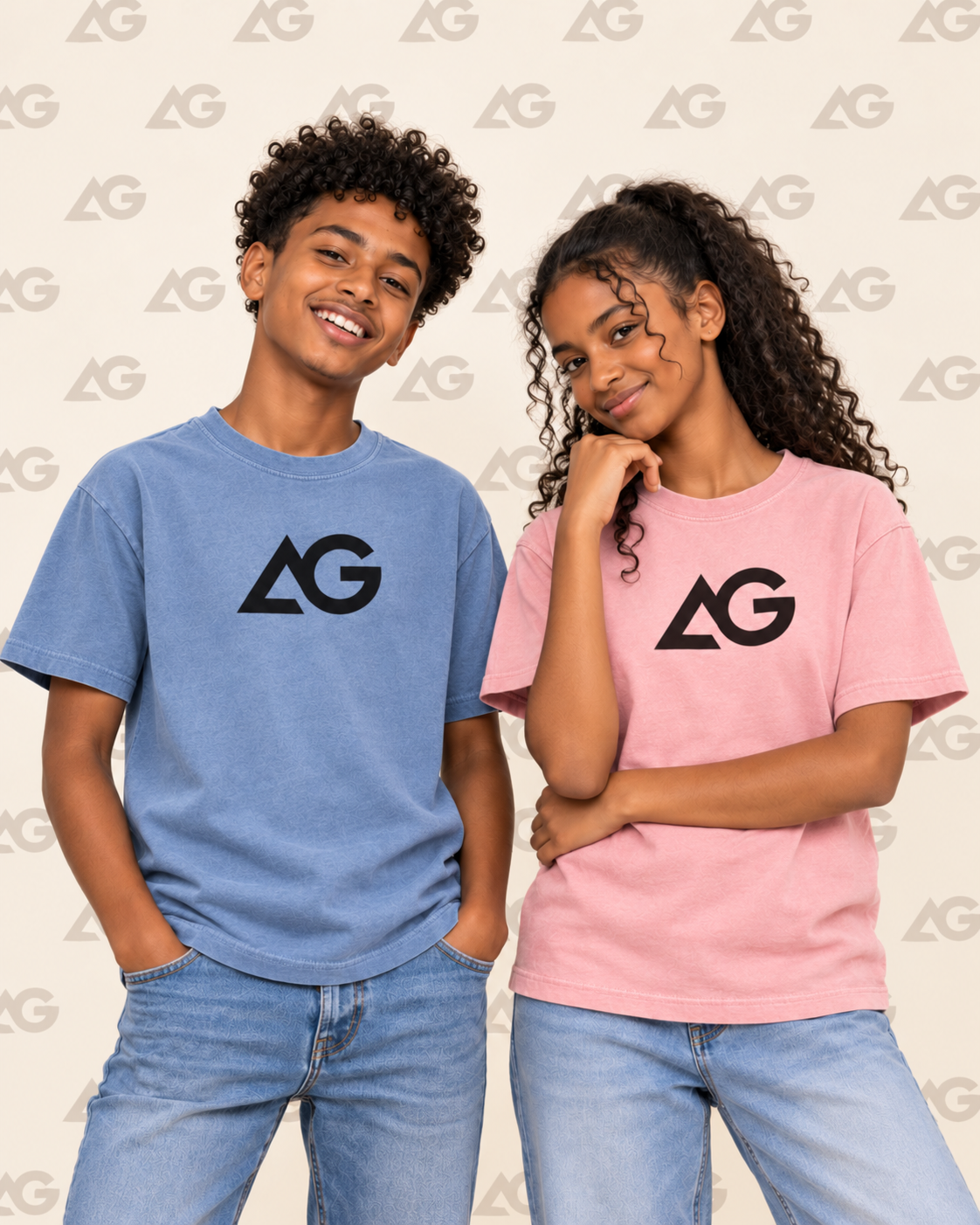 AG Signature Youth Tee in Chambray and Blossom on two youth models