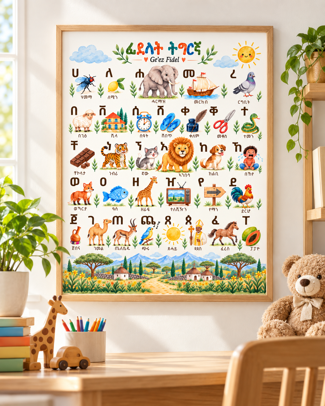Geez Fidel learning poster displayed in a warm children's study room