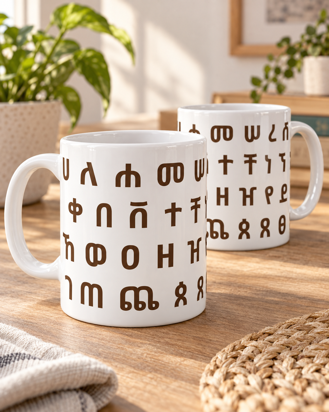 White ceramic mugs with wraparound Geez Fidel lettering