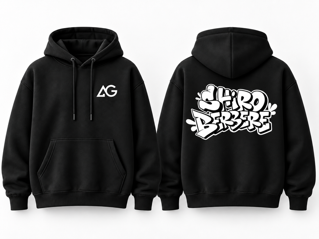 Black Shiro Berbere heavyweight hoodie showing small AG chest logo and large back graphic