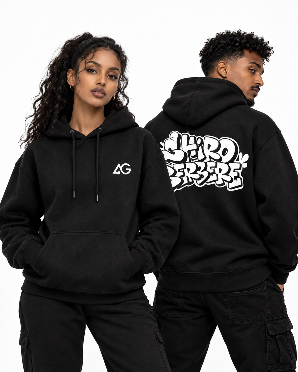 Models wearing the black Shiro Berbere heavyweight hoodie showing front AG logo and back design