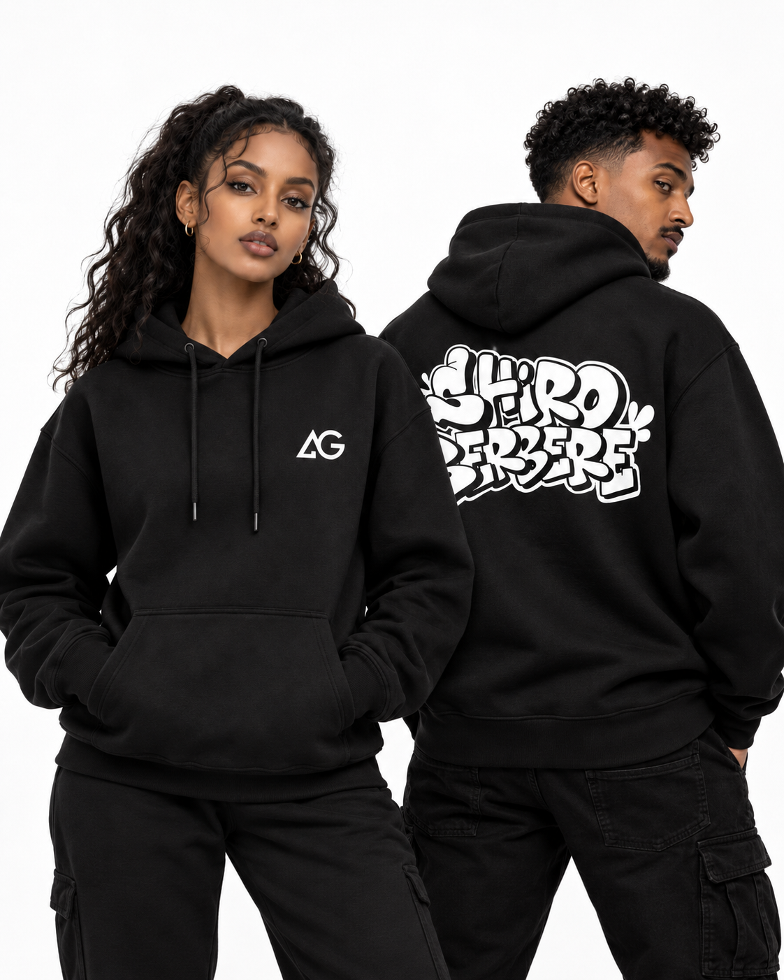 Models wearing the black Shiro Berbere heavyweight hoodie showing front AG logo and back design